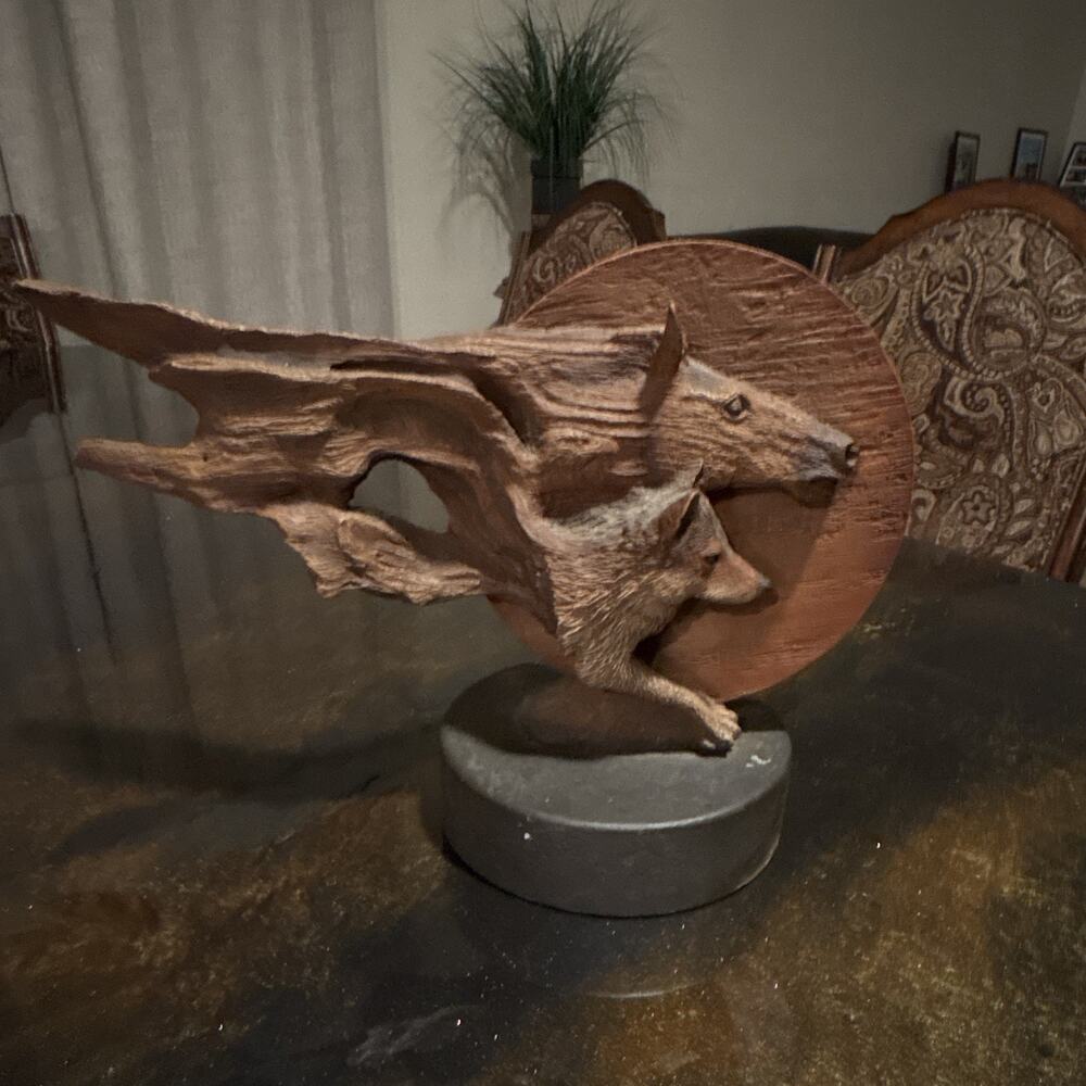 Rick Cain Red Sons Wolf Sculpture Limited Edition Faux Wood Carving Figurine